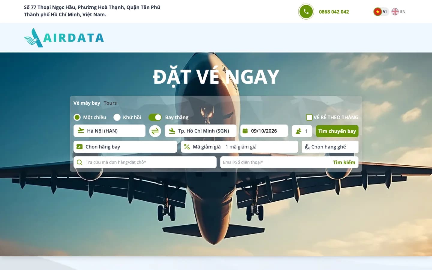 Website bán vé máy bay xây dựng trên nền tảng Airdata với form tìm chuyến bay Hà Nội - TP. Hồ Chí Minh