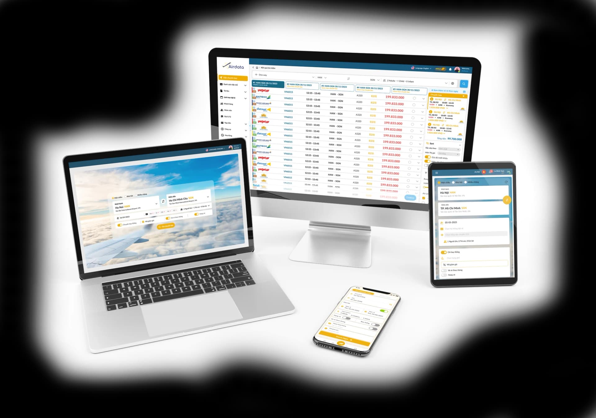 Giao diện hệ thống quản lý vé máy bay Airdata với các tính năng đặt vé, quản lý đơn hàng và báo cáo thống kê
